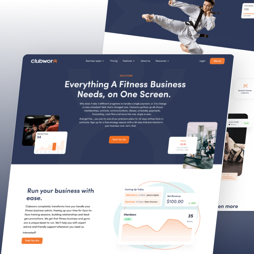 A webpage screenshot features two overlapping sections. The main section displays text about fitness business solutions, graphs, and a Watch the Demo button. A martial artist in a kick pose graces the top section, highlighting unlimited graphic design services. Logos and a signup button complete the scene.