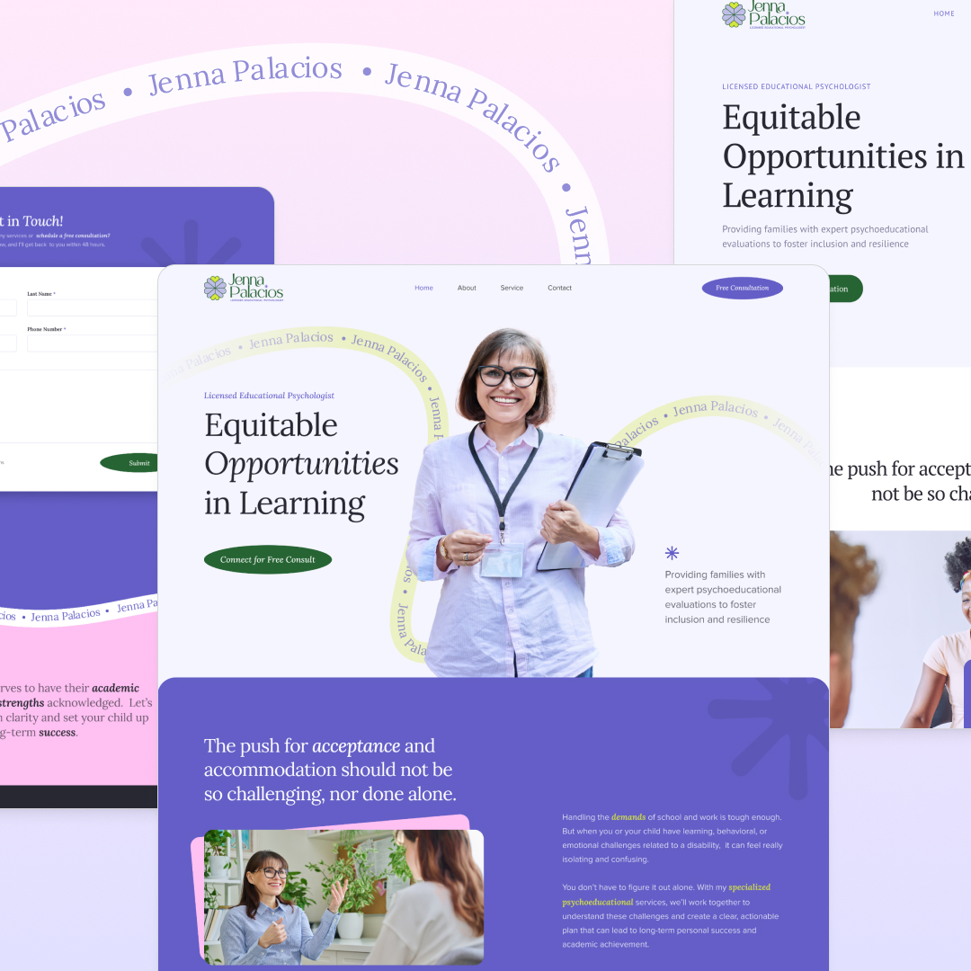Design As A Service 19 A website mockup with a header reading Equitable Opportunities in Learning features a smiling woman holding a clipboard. The design includes circular name patterns and sections highlighting unlimited graphic design options, contact details, and consultation services.