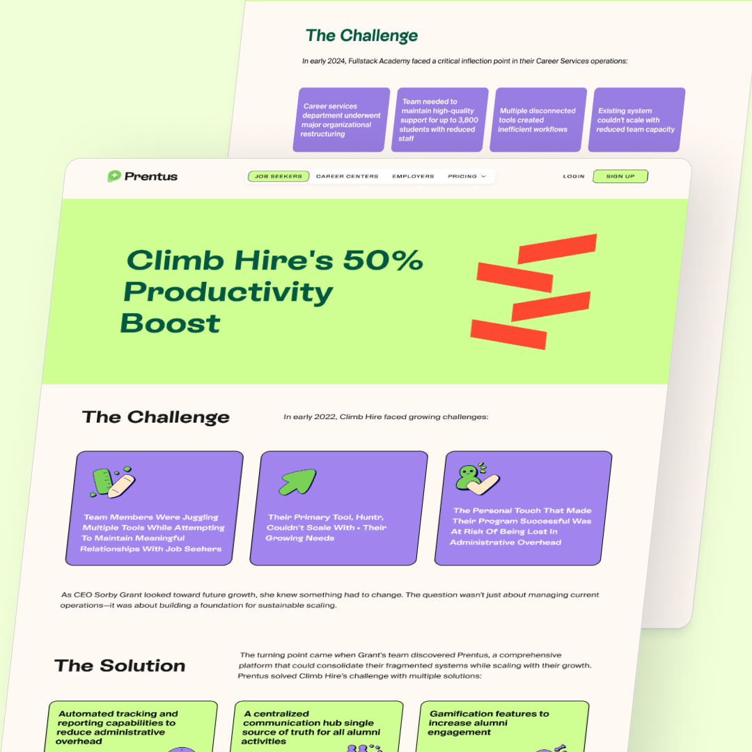 Design As A Service 21 Two web page snapshots highlight Climb Hires productivity boost. The page outlines challenges and solutions, emphasizing a 50% productivity increase. With a design subscription featuring green and purple colors, it showcases bold headers and brief, clear sections.