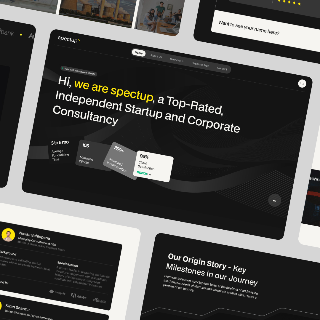 Design As A Service 11 A digital collage showcases a websites dark-themed homepage, highlighting a consultancys top-rated services and unlimited graphic design options. Featuring metrics like 98% client satisfaction, it includes sections on team members and company milestones.