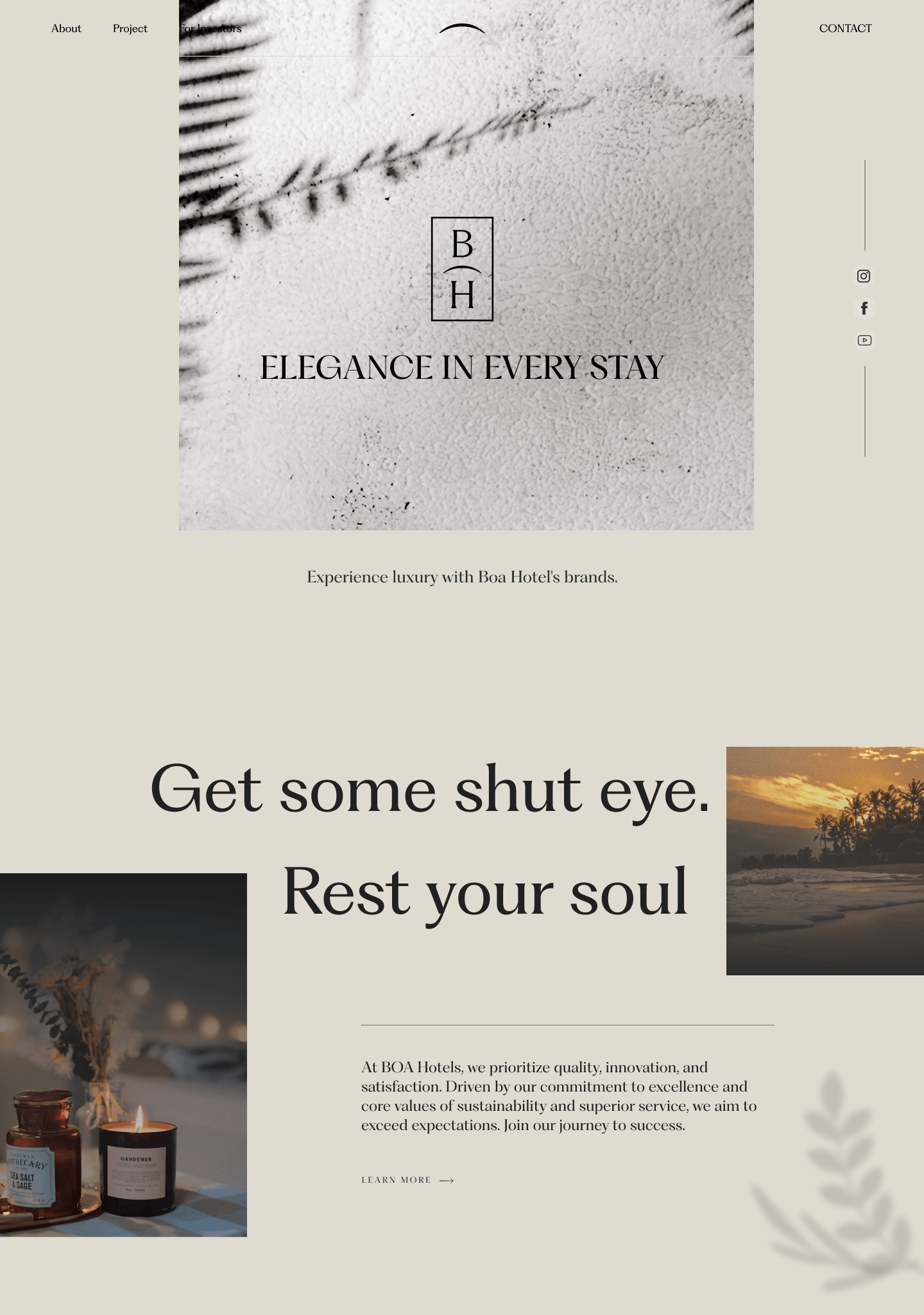 Woocommerce Development 2 Minimalist hotel advertisement with a monochrome branch, a logo, and the phrase Elegance in every stay. Text reads: Get some shut-eye. Rest your soul. Images of candles and a scenic waterfront featured. Discover how our design subscription sets the scene. Sections for About, Project, and Contact are visible.
