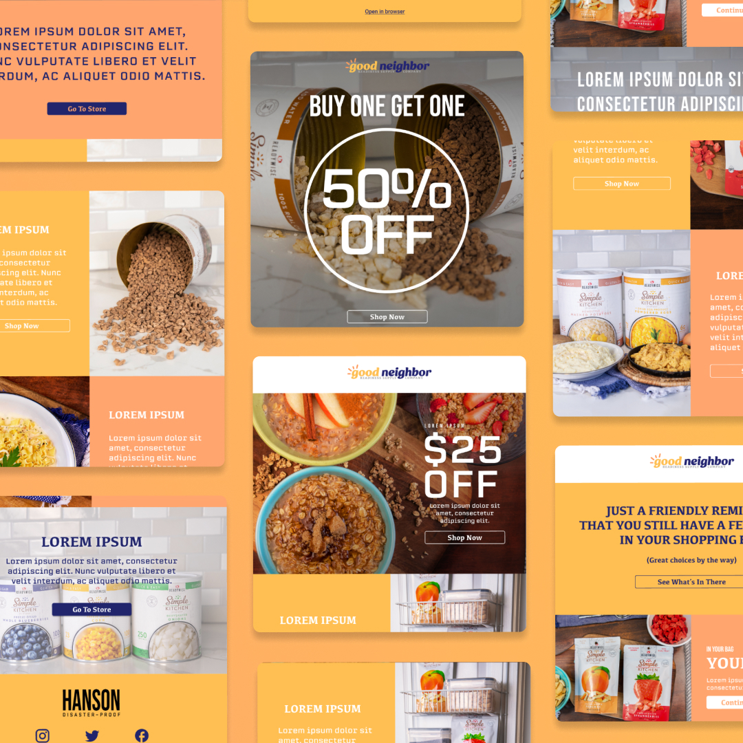 A vibrant collage showcases promotional graphics for cereal, featuring bowls brimming with crunchy goodness and enticing text like 50% OFF and $25 OFF, all under the Good Neighbor logo. The lively yellow, orange, and white palette evokes the creativity of unlimited graphic design possibilities.