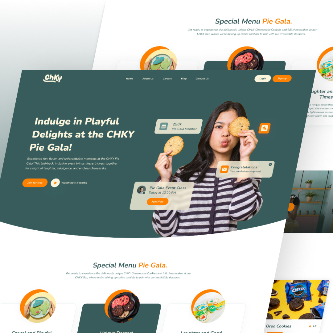 Design As A Service 17 A website homepage with a green background showcases a person playfully holding cookies over their eyes. The text highlights the CHKY Pie Gala event, member benefits, and cookie options. Discover unlimited graphic design offers and special menu items displayed at the bottom.
