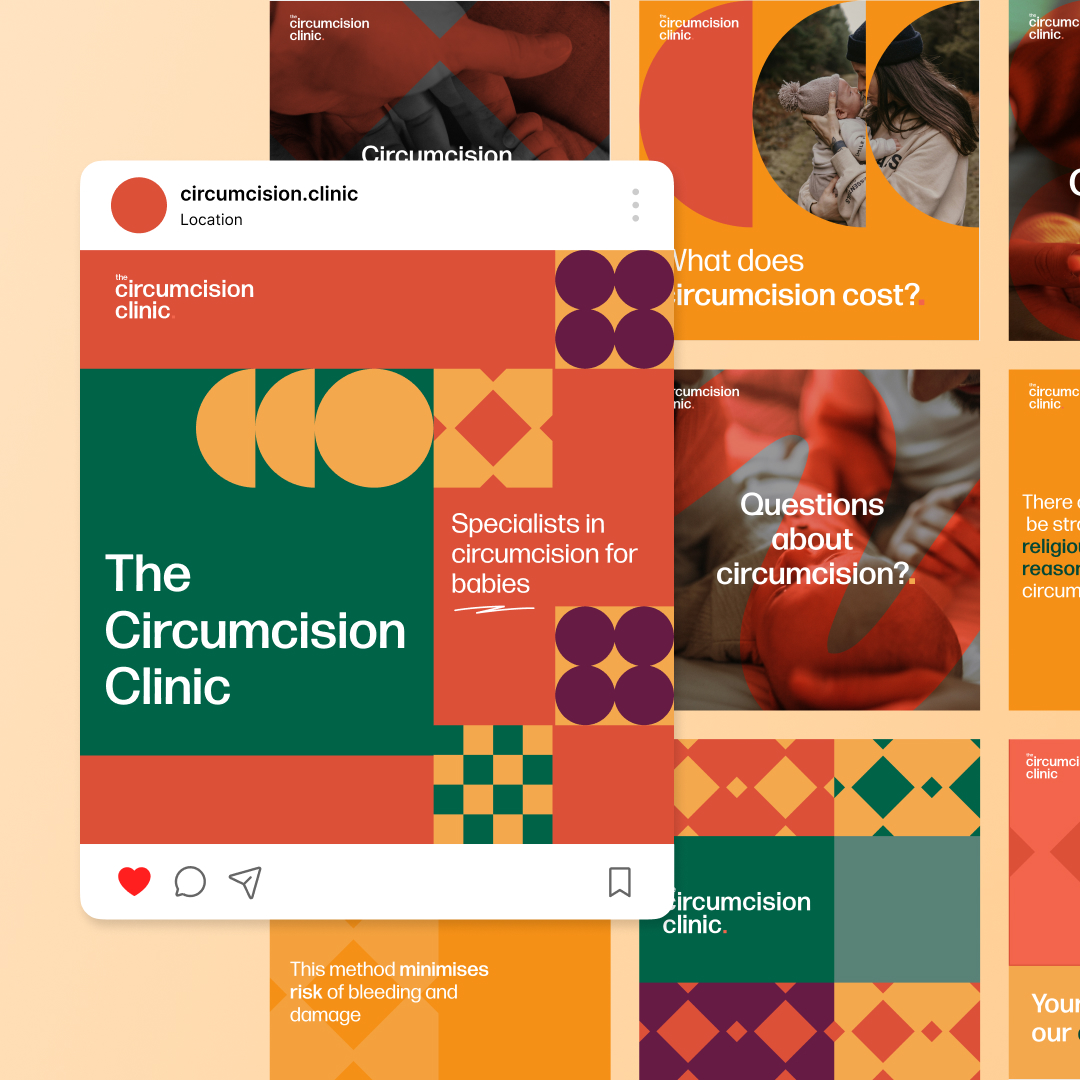 Design As A Service 1 A vibrant collage promotes a circumcision clinic, featuring bold geometric patterns and text: The Circumcision Clinic and Specialists in circumcision for babies. With warm hues and questions about the procedure, its designed with unlimited graphic design creativity.