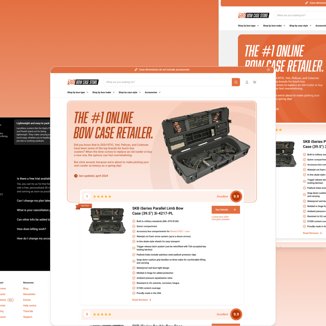 Design As A Service 12 A webpage showcasing an online bow case retailer prominently features a header proclaiming The #1 Online Bow Case Retailer and includes an SKB Series Parallel-Limb Bow Case with image, price, ratings, and purchase button. Explore our design subscription for unlimited graphic design enhancements.