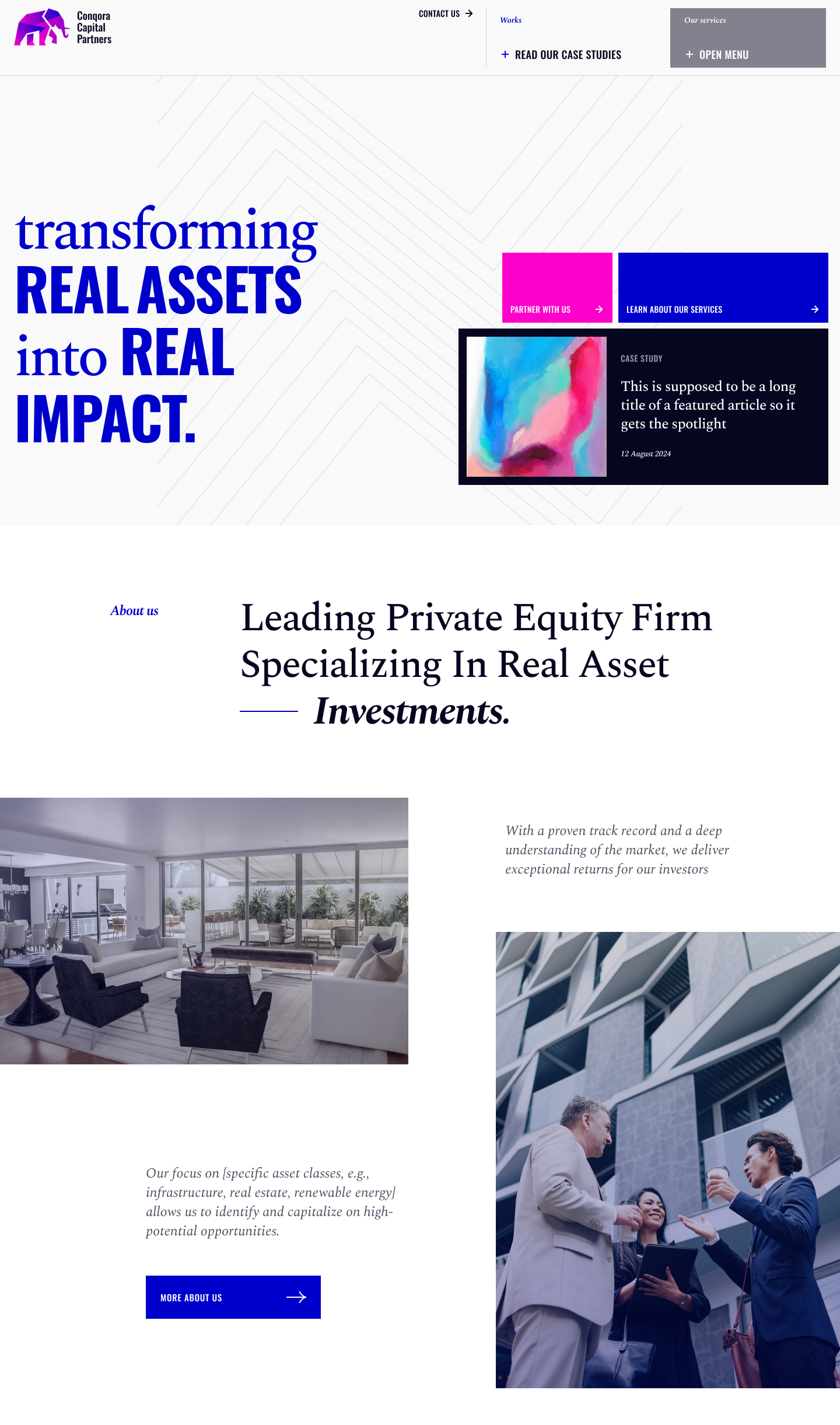 Woocommerce Development 5 Discover our private equity firm’s homepage, elegantly designed with a purple and white palette. Boldly stated, transforming real assets into real impact, it showcases our services and case studies. Experience the modern office vibe while exploring our design subscription offerings.