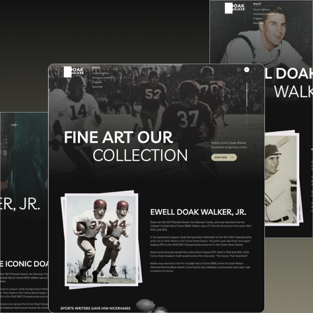 Design As A Service 4 A digital display showcasing a collection of fine art centered around Ewell Doak Walker, Jr. features a blend of vintage football images and career text. Subscribers to our unlimited graphic design service can access exclusive sports designs and curated content.