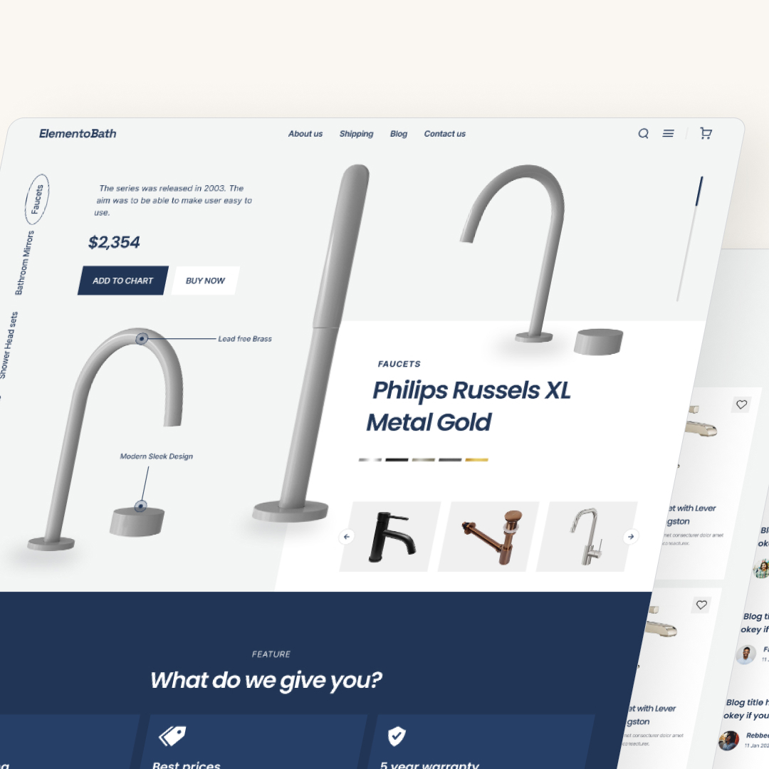 Design As A Service 20 A website layout showcasing a modern faucet design, featuring the Philips Russels XL Metal Gold. Explore pricing, product details, and menu options for shipping, about us, and shop. Enjoy unlimited graphic design insights with our highlighted features.