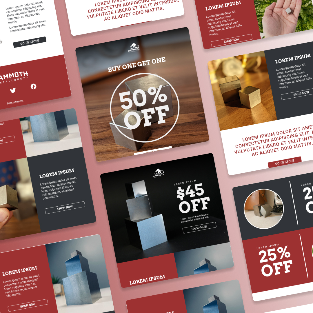 A layout featuring various discount offers like 50% Off, Buy One Get One, and $45 Off on maroon and white backgrounds. Perfect for those with a design subscription, it includes placeholder text sections with images of geometric shapes and hands holding an object.