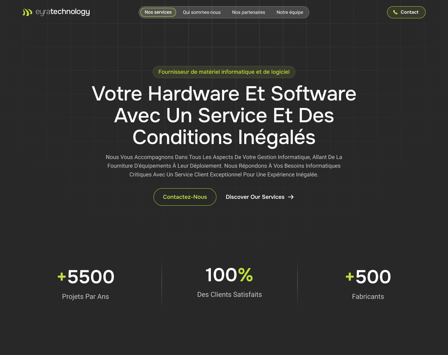 Woocommerce Development 6 A website homepage for eyratechnology with a dark background and French text promoting hardware and software services. It boasts +5500 projets par ans, 100% des clients satisfaits, +500 fabricants, and offers unlimited graphic design. Buttons: Contactez-nous and Discover Our Services.