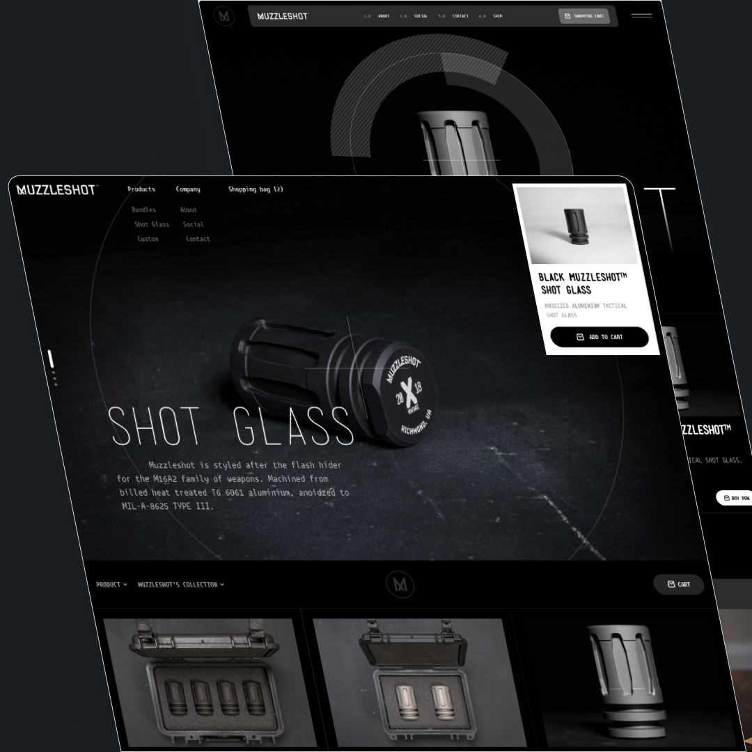 Design As A Service 14 A website showcasing Muzzleshot shot glasses styled after flash hiders for the M16A2, featuring product images with a dark background and sleek design elements. Consider adding our design subscription service for unlimited graphic design updates to keep your collection fresh.