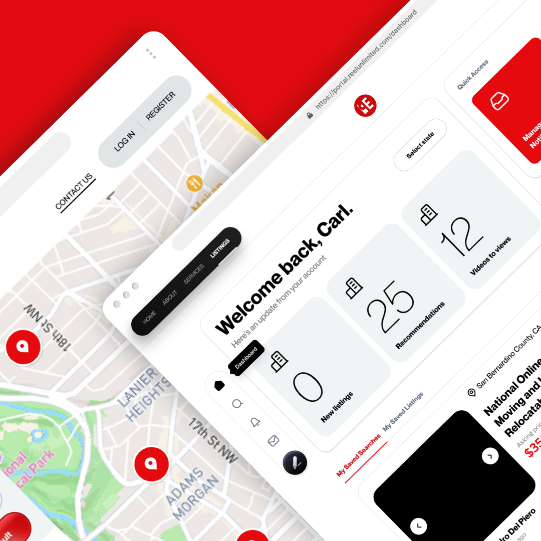 Custom Illustrations 27 A split-screen image showcases a sleek web interface. The left side highlights a map peppered with red location markers, while the right side presents a welcome message alongside an analytics dashboard. Ideal for users with unlimited graphic design needs, it tracks new listings, recommendations, and views to date.