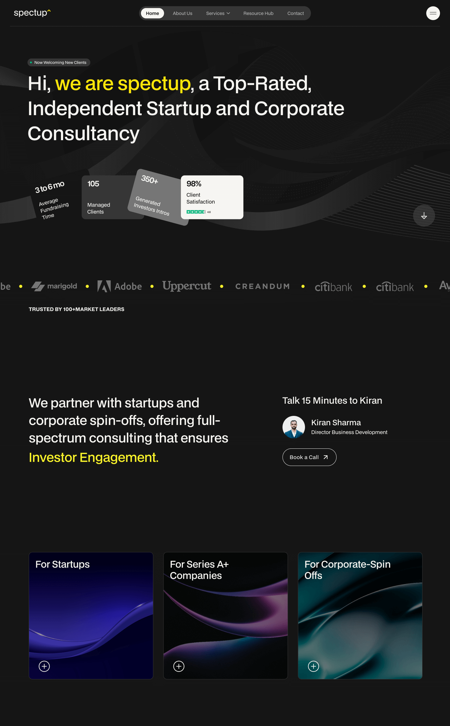 Woocommerce Development 3 A webpage for Spectup, highlighting their consultancy services and design subscription options. Includes service statistics, company logos, and sections for startups, series A+ companies, and corporate spin-offs. Features an option to book a call with consultant Kiran Sharma.