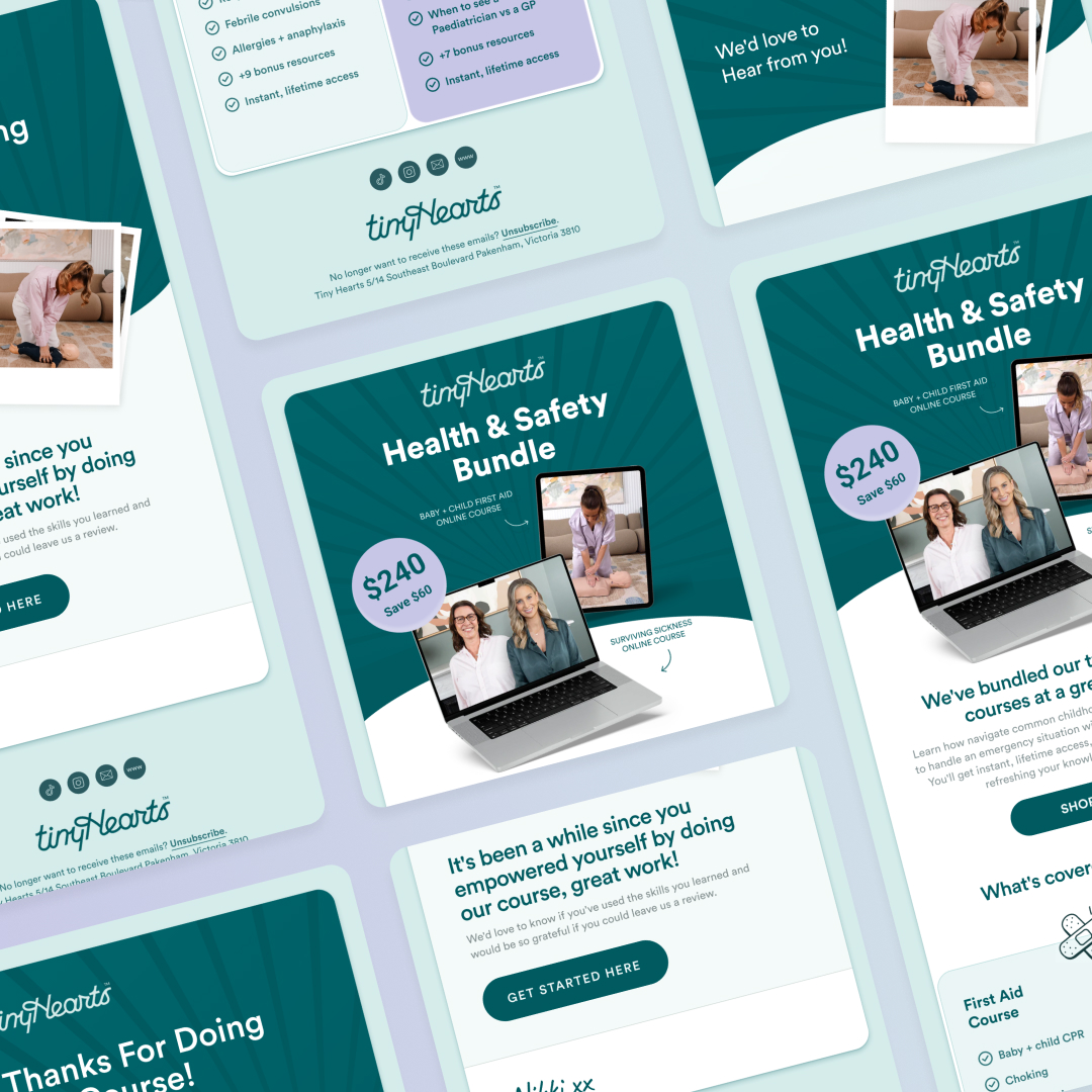 Design As A Service 10 A set of eight cards promotes the tinyHearts Health & Safety Bundle, highlighting its value with images of people and a laptop showcasing online courses. With teal backgrounds and bold text, its an offer as flexible as an unlimited graphic design subscription.