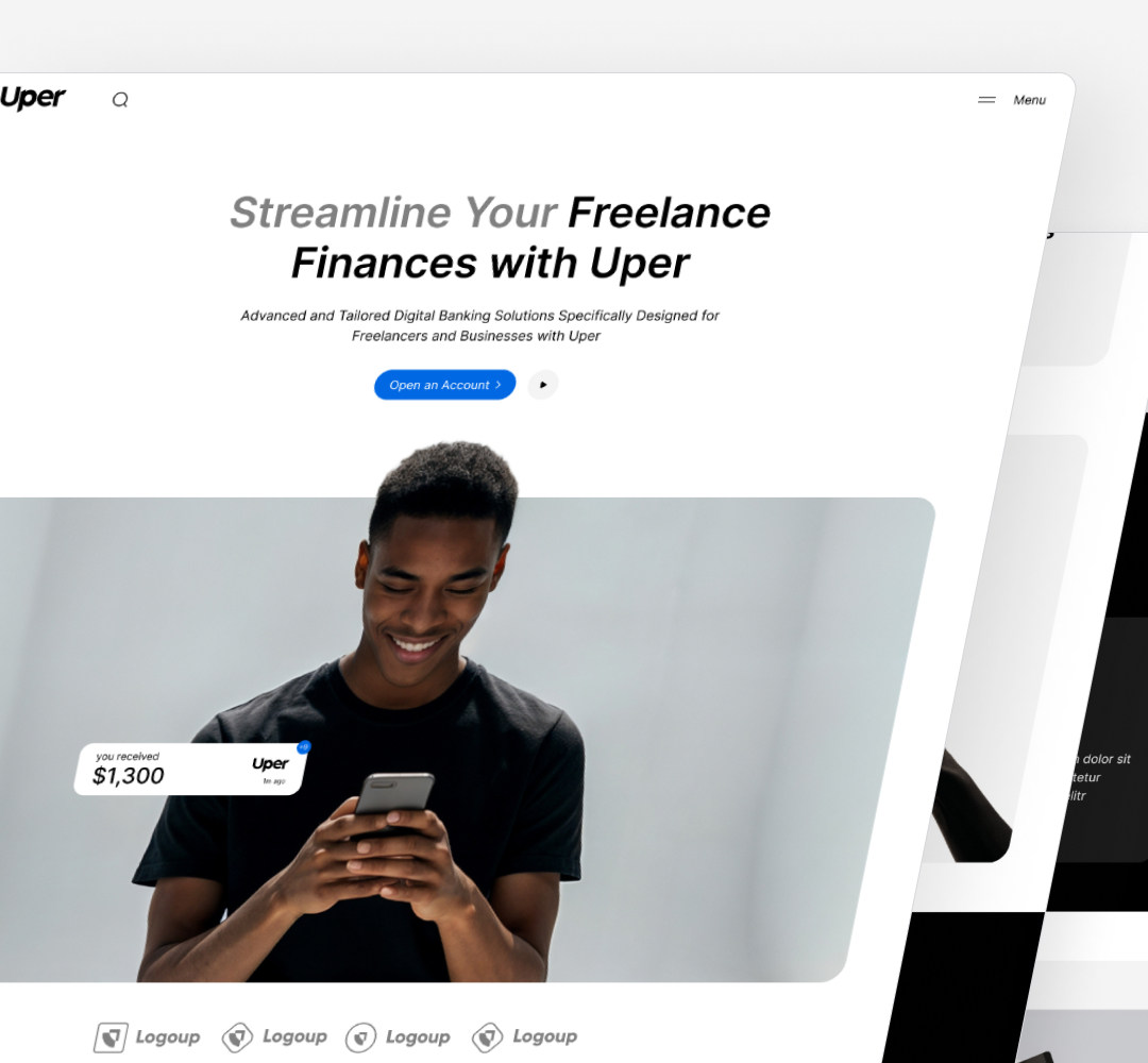 Design As A Service 18 A website interface for Uper, promoting financial services for freelancers. It features a smiling person holding a phone, with text about streamlining freelance finances with unlimited graphic design support. Shows a bank balance notification of $1,300.