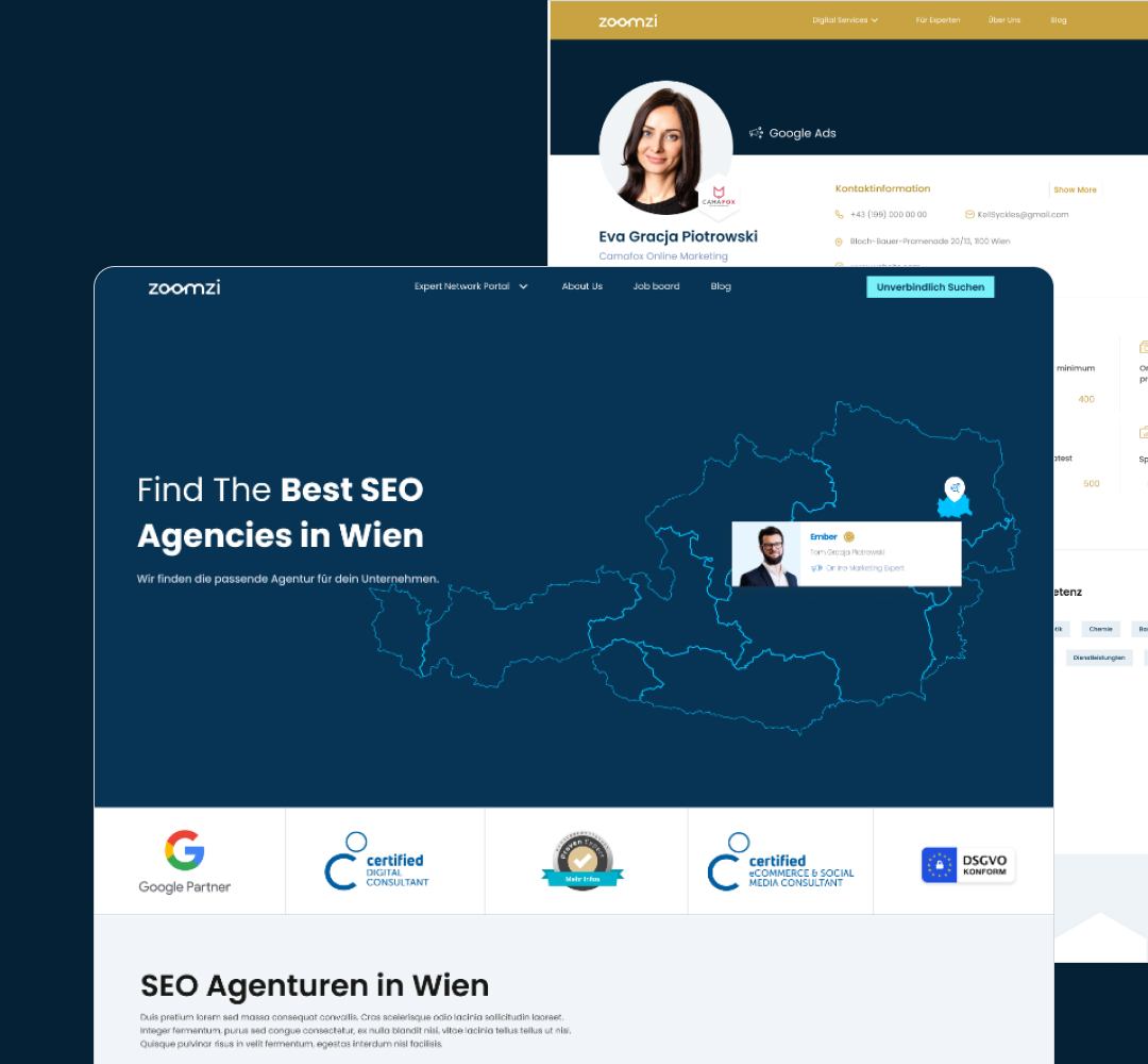 Screenshot of a website page titled Find The Best SEO Agencies in Wien. It features a map outline, certificates, and contact details for Eva Grazja Piotrowski, offering email and phone options. The clean design with blue and yellow accents complements an unlimited graphic design subscription service.