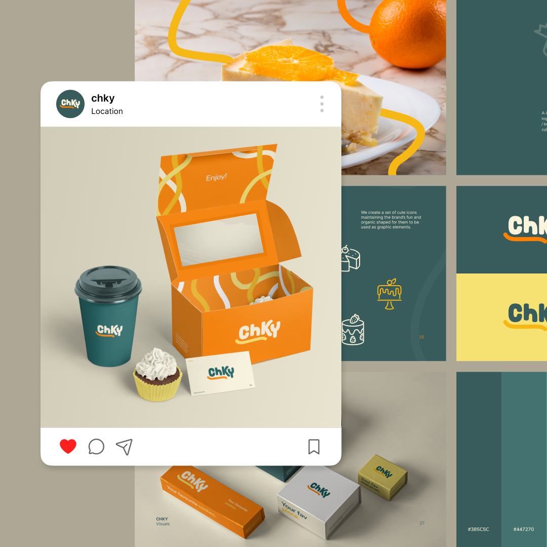 Reel Unlimited 7 An Instagram post displays a coffee cup with a lid, a cupcake, and a rectangular box with the brand name ChKy on a table. The box is open, showing the inside. Background features various brand designs and an orange dessert.