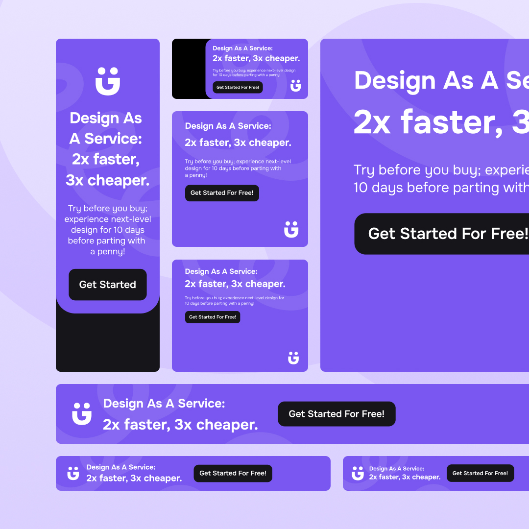 Design As A Service 5 Various purple and blue buttons and banners showcase our service with the slogan, Design As A Service: 2x faster, 3x cheaper. Prompts like Get Started emphasize our unlimited graphic design subscription. Explore logos and a smiley face icon to get started for free today!.