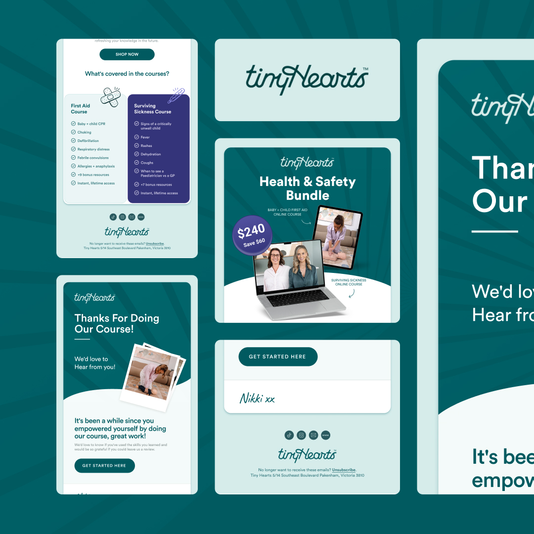 Startups 5 A mockup of website screens for tinyHearts showcases unlimited graphic design features. It includes course coverage details, a thank you message for completion, a health and safety bundle offer, a text entry field, and the logo. The design elegantly blends teal and white colors.