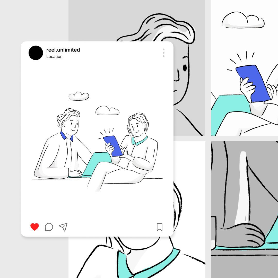 Custom Illustrations 19 Illustration of two people sitting on the ground, casually viewing a tablet. One persons arm is around the other, surrounded by abstract cloud shapes. A social media frame encircles this custom illustration, highlighting our unlimited illustrations service.
