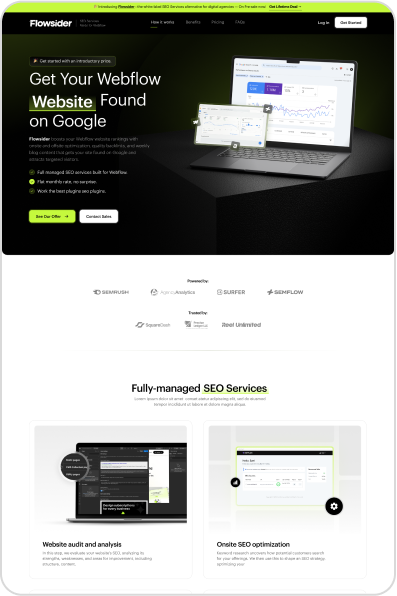 Woocommerce Development 7 A webpage from Flowsider showcasing SEO services for Webflow websites. It features graphics of a laptop with analytics, logos of SEO tools like SEMRUSH, and sections highlighting services such as website audits and onsite SEO optimization, all complemented by unlimited graphic design support.