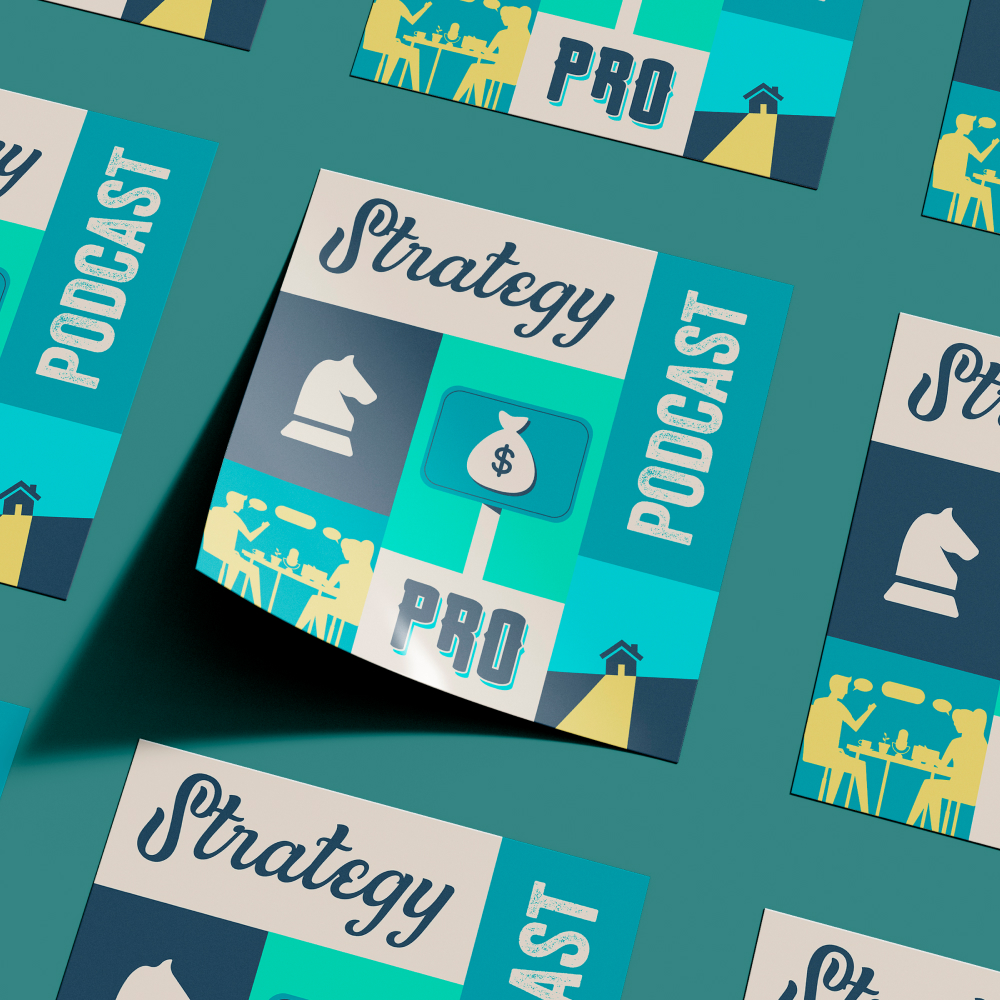 Design As A Service 2 Blue and teal patterned image showcasing Strategy, Podcast, and Pro. With chess pieces and a money bag, it hints at planning and finance. Perfect for those seeking expertise through unlimited graphic design services or a design subscription.