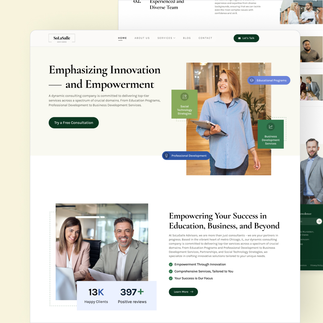 The screenshot of a consulting agencys website showcases a sleek design with the agencys logo and navigation menu. The main section, emphasizing innovation and empowerment, features a smiling individual. Impressive stats like 13K Happy Clients underscore their success in unlimited graphic design solutions.