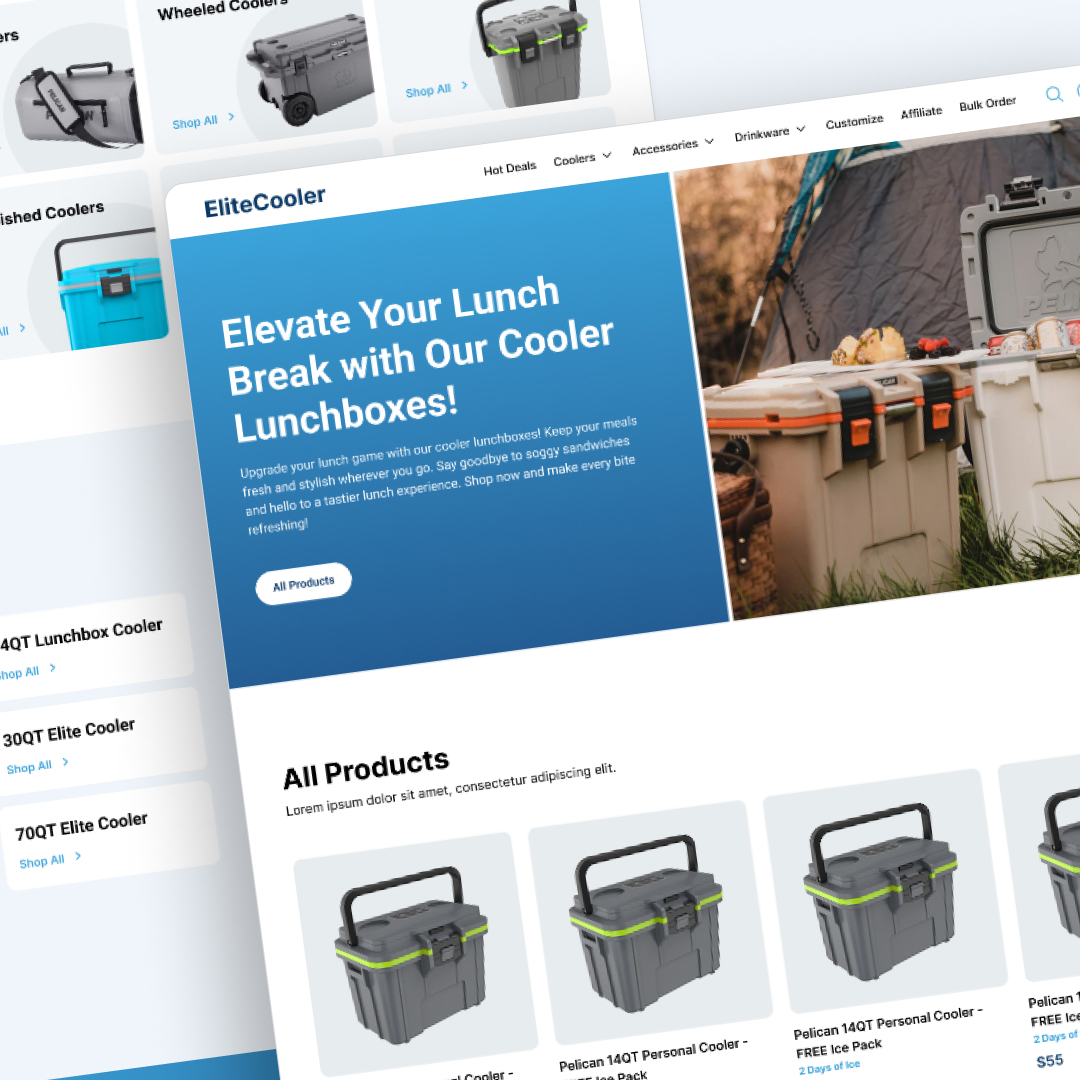 The webpage layout showcases various cooler products, highlighting cooler lunchboxes with an image of coolers on a campsite. Featuring unlimited graphic design options, it presents product listings with images of gray and green coolers, each clearly labeled with prices.