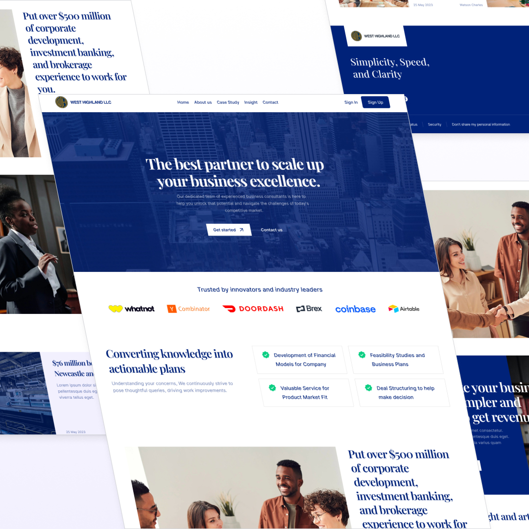 A collage of a corporate websites homepage showcases business information and a smiling team. Highlighting partnerships with WhatsApp, Coinbase, and Airbnb, the page emphasizes business solutions, consulting services, and offers an unlimited graphic design subscription.