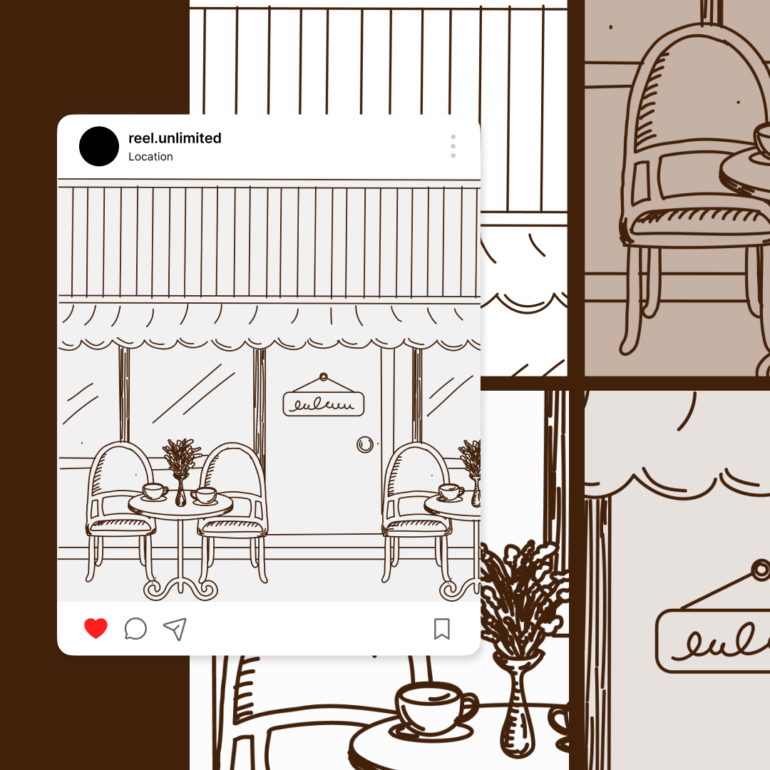 Illustration of a café storefront with a striped awning, round tables, and chairs. The cafe sign reads Lulus. An Instagram post overlay shows location and engagement icons. Crafted in a minimalist, sepia-toned style, it showcases the charm of custom illustration services at their finest.